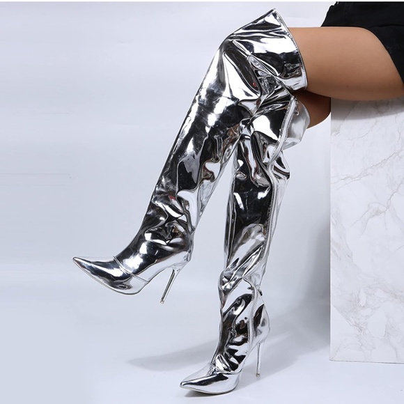 Ladies Fashion Solid Color Bright Leather Side Zipper Thin High Heel Over Thigh - Picture 1 of 4